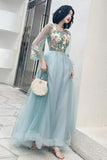 Elegant Long Sleeves Appliqued Tulle Prom Dress Floor Length Appliques PXQ2AJGL