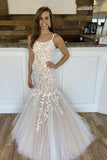 Charming Mermaid Lace Tulle Spaghetti Straps Long Appliques Prom STI20484