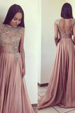 Scoop Beads Long Cheap Open Back Chiffon Pink A-Line Sleeveless Prom