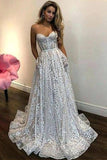 A Line Sweetheart Strapless Sweep Train Lace Pockets Wedding Dress with Sequins STI15036