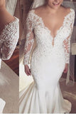 2024 Long Sleeves Satin Wedding Dresses Mermaid With Applique P2GQ4FKP