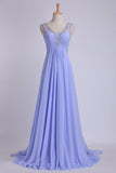 2024 V Neckline And Deep V Back Chiffon Long A Line Prom Dress With Beaded PZ3BCET3