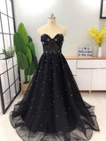 Elegant A Line Sweetheart Strapless Black Tulle Prom Dresses with Beading STI15578