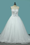 2024 Wedding Dress A-Line Scoop Tulle With Applique And Sash P8XA11NP