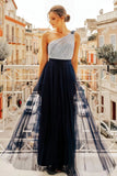 Flowy One Shoulder Navy Blue Tulle Long Prom Dresses, Cheap Formal Dresses STI15232