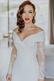 Charming Off the Shoulder Long Sleeves V Neck Mermaid Wedding Dresses, Bridal Dresses STI15116