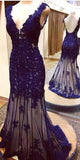 Deep bule tulle V-neck mermaid beading full-length evening dresses