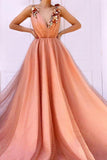 Charming Orange 3D Flowers Long Prom Dresses V-neck Tulle Cheap Evening Dresses STI15120