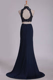 2024 Two-Piece High Neck Open Back Sheath Prom Dresses Spandex With Beads P66C1B1N