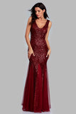 Sexy Burgundy Tulle V Neck Mermaid Sequin Prom Dresses, Evening Party Dresses STI15332