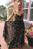 Spaghetti Straps Beautiful Long Embroidery Black Prom Dresses PPEDD131