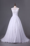 2024 Wedding Dresses A Line Open Back Scoop Tulle With Applique PKSXHPF9