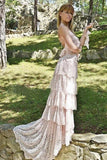 Spaghetti Tired Lace Vintage Wedding Dress with Sweep Train, Round Neck Bridal Dresses STI15425