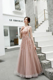 A Line V Neck Pink Beads Straps Prom Dresses Lace up, Long Dance STI20387