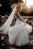 Elegant A Line V Neck Tulle Wedding Dresses with Flowers, V Back Beach Wedding Gowns STI15513