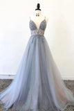 Gorgeous A Line Spaghetti Straps V Neck Beads Prom Dresses with STI20420