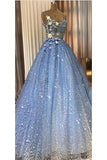 A-line Blue Spaghetti Straps Sweetheart Long Prom Dresses, Evening Dresses STI15048