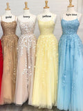 A Line Tulle Yellow Spaghetti Straps Prom Dresses with Appliques, Party STI20385