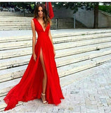 Sexy Slit Evening Dress V-neckline Red Split Slit Sexy Red Formal Dress Prom Dresses