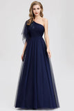 Simple A Line One Shoulder Navy Blue Tulle Prom Dresses Cheap Formal Dresses STI15382