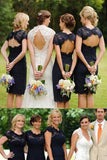 Sheath Navy Blue Open Back Lace Bridesmaid Dresses Wedding PG2417PD