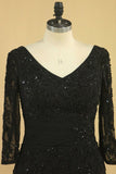 2024 Black Mother Of The Bride Dresses V Neck Chiffon With Beads 3/4 Length PGM8C2X3