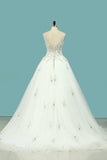 2024 Wedding Dress V Neck Beaded Bodice A Line Tulle With Embroidery PLAA79FA