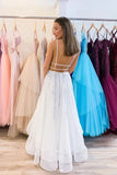 Puffy White V Neck Tulle Sequins Long Prom Dress A Line Backless Evening Dresses STI15313