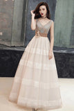 Unique V Neck Tulle Lace Long Prom Dress Tulle V Back Evening Dress PJJQQ744