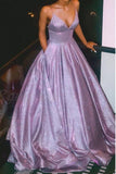 A Line Spaghetti Straps Long Prom Dress with Pockets, Glitter Lilac V Neck Formal Dresses STI15028