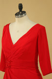 2024 Red Plus Size Mother Of The Bride Dresses V Neck 3/4 Length Sleeve Spandex With P1ZBBAAR