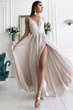 Flowy Front Split Long Ivory Lace V-Neck Prom Dresses PPLZ12G5