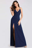 Sexy V Neck Long Spaghetti Straps Mermaid Navy Blue Prom Dresses with High Split STI15366