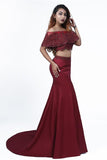 Elegant Mermaid Off the Shoulder Two Pieces Beades Burgundy Prom STI15644