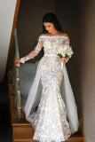 Mermaid Long Sleeve Lace Appliques Off the Shoulder Detachable Train Wedding Dresses STI15262