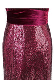 Sexy Sequins Mermaid V Neck Burgundy Velvet Long Prom Dresses Backless Evening Dress STI15352