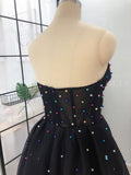 Elegant A Line Sweetheart Strapless Black Tulle Prom Dresses with Beading STI15578