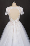 A-line Short Sleeves Beads V Neck Lace Applique Wedding Dresses, Bridal Dress STI15051