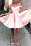 Cute A Line Off the Shoulder Open Back Sweetheart Pink Satin Short Homecoming Dresses