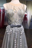 A Line Grey Tulle Beads 3D Flowers Round Neck Long Prom Dresses with Belt STI15000