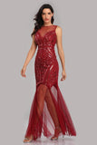 See Through Burgundy Mermaid Bateau Prom Dresses with Beading Tulle Party Dresses STI15324