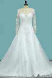 2024 Tulle Wedding Dresses Scoop Long Sleeves A Line With Applique PCFLYTTX