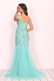 2024 New Arrival V Neck Tulle With Applique And Beads Mermaid P6NJ518B