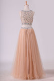 2024 Two Pieces Bateau Beaded Bodice Prom Dress A Line Tulle PCZSNM3F