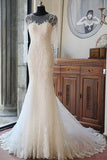 Elegant Mermaid Scoop Neck Tulle Beads Lace Appliques Chapel Train Long Sleeve Wedding Dress