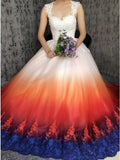 Princess Sweetheart Lace Appliques Ombre Tulle Long Prom Dresses Wedding Dresses STI15309