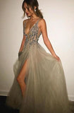 Ball Gown Grey Backless V-Neck Long Tulle Sleeveless Evening Gowns with Sparkle Slit