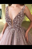 Beaded Tulle Deep Illusion V Neck Ball Gown Prom Dress PD2GRFSC