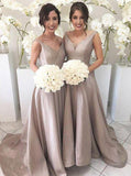 Simple V-neck Sleeveless Hi Low Sweep Train Silver Bridesmaid Dress