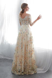 A Line Floor Length Floral Prom Dresses 3/4 Sleeves A-Line Empire Waist Long PLHKMBHK